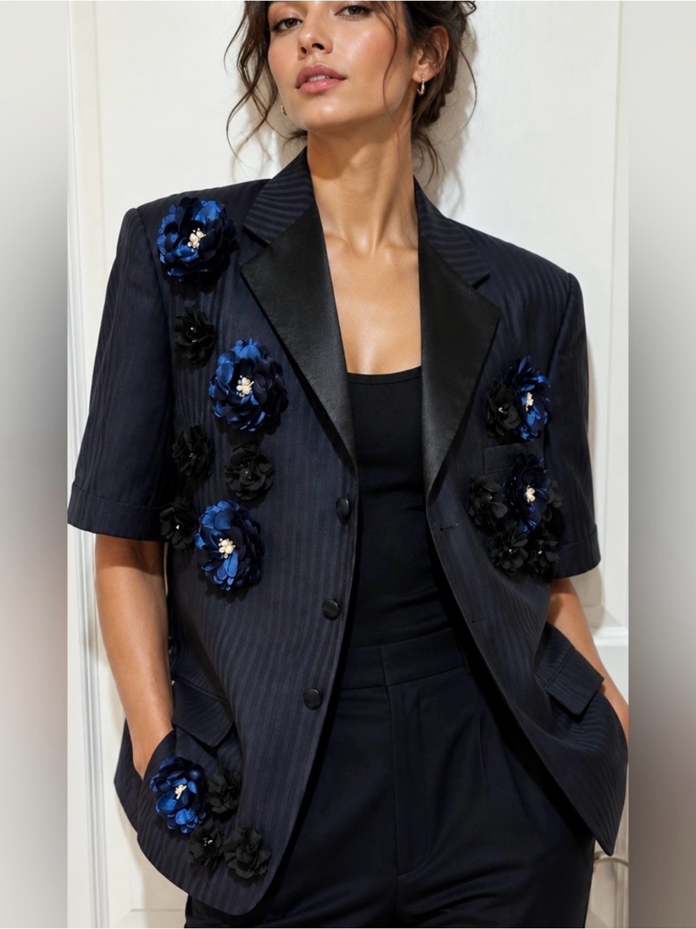 Embellished Black & Blue Short-Sleeve Blazer